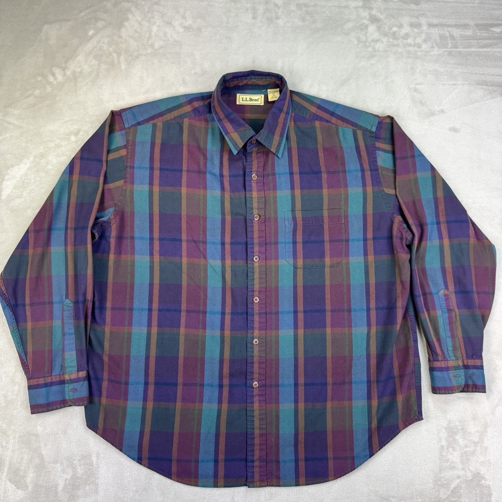 VTG 90s L.L. Bean Mens XL Plaid Button Down Shirt Teal Purple Cotton Grunge Prep